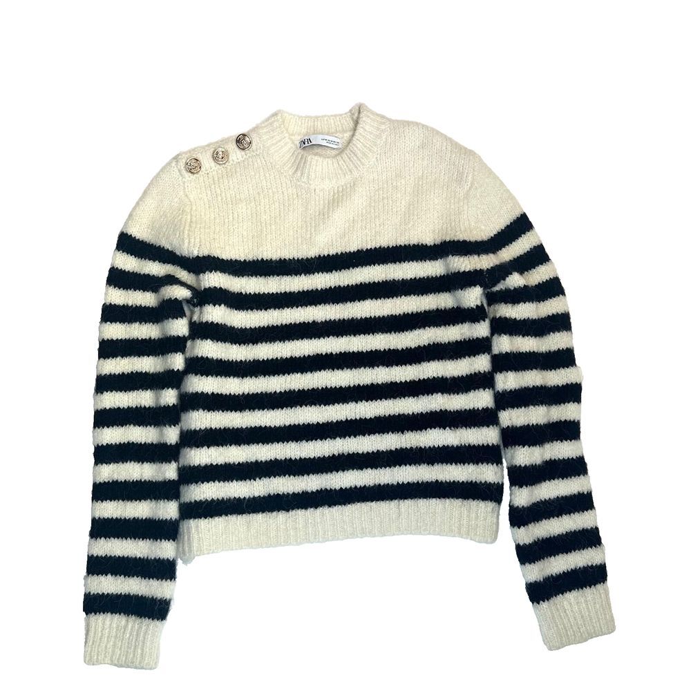 Zara Women's White and Navy Jumper with Bottons‎ size M 99% wool